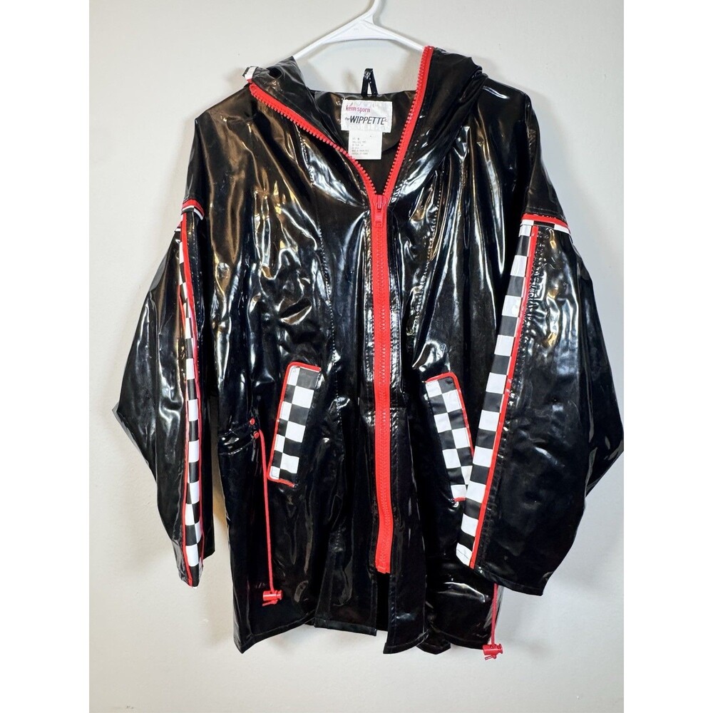 Wippette Kenn Sporn Women Black Hooded Rain Jacket Red Zip Check Size S Vintage